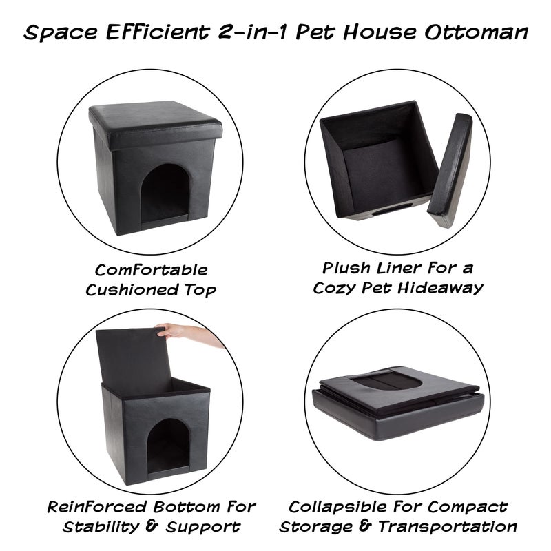 PETMAKER Cat House â€“ Collapsible Multipurpose Small Dog or Cat Ottoman with Footrest, Cushioned Top, and Interior Pillow by PETMAKER (Black) - Image 2